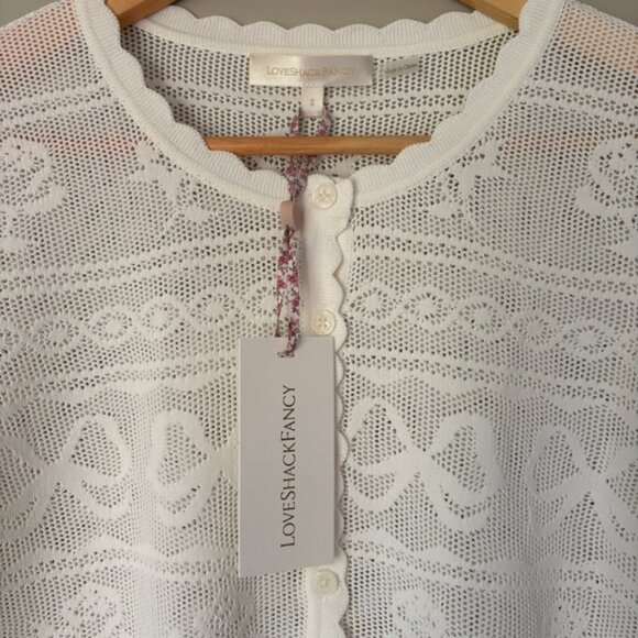 NWT Loveshackfancy Gretta Pointelle Knit Bow Cardigan Ivory White | S - Picture 8 of 13